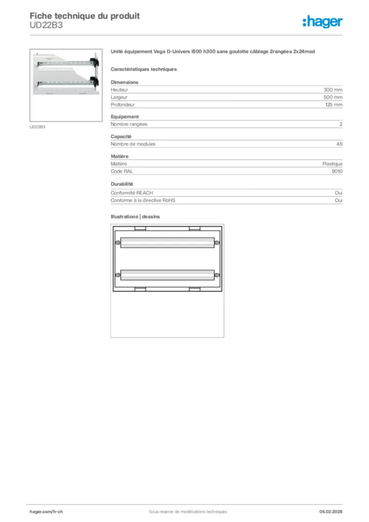 Image Hager Fiche technique du produit UD22B3 | Hager Suisse