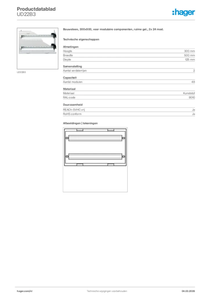 Afbeelding Hager Productdatablad UD22B3 | Hager Nederland