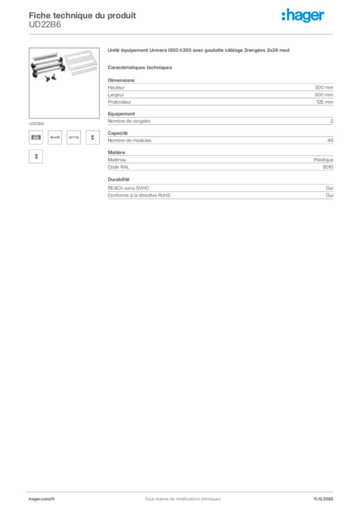 Image Hager Fiche technique du produit UD22B6 | Hager France