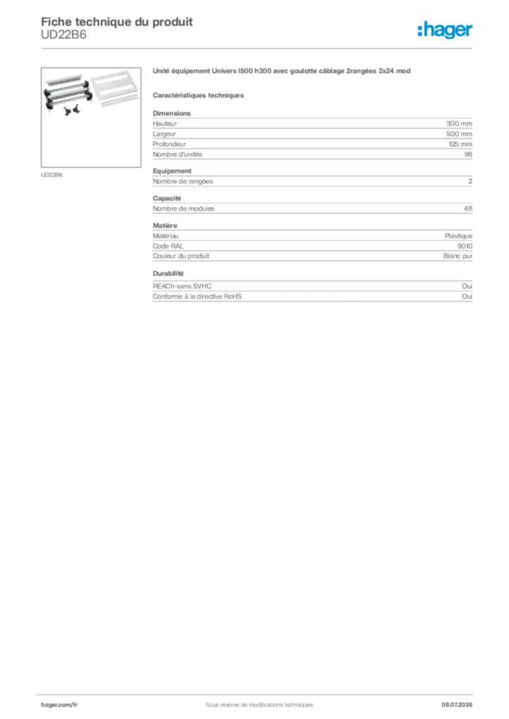 Image Hager Fiche technique du produit UD22B6 | Hager France