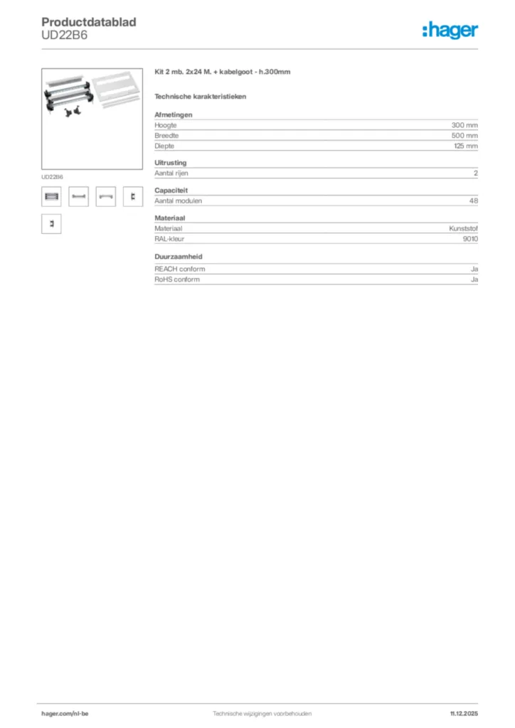 Afbeelding Hager Productdatablad UD22B6 | Hager Belgium