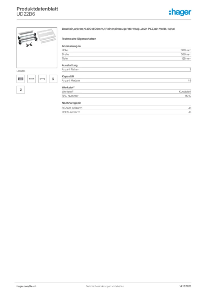 Bild Hager Produktdatenblatt UD22B6 | Hager Schweiz