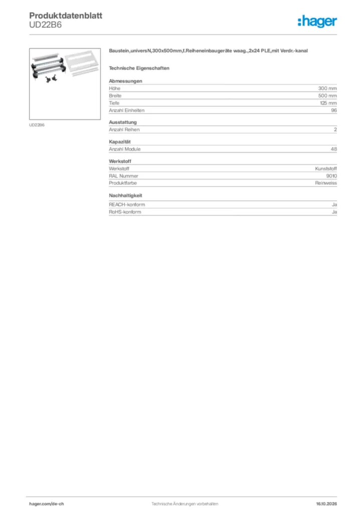 Bild Hager Produktdatenblatt UD22B6 | Hager Schweiz