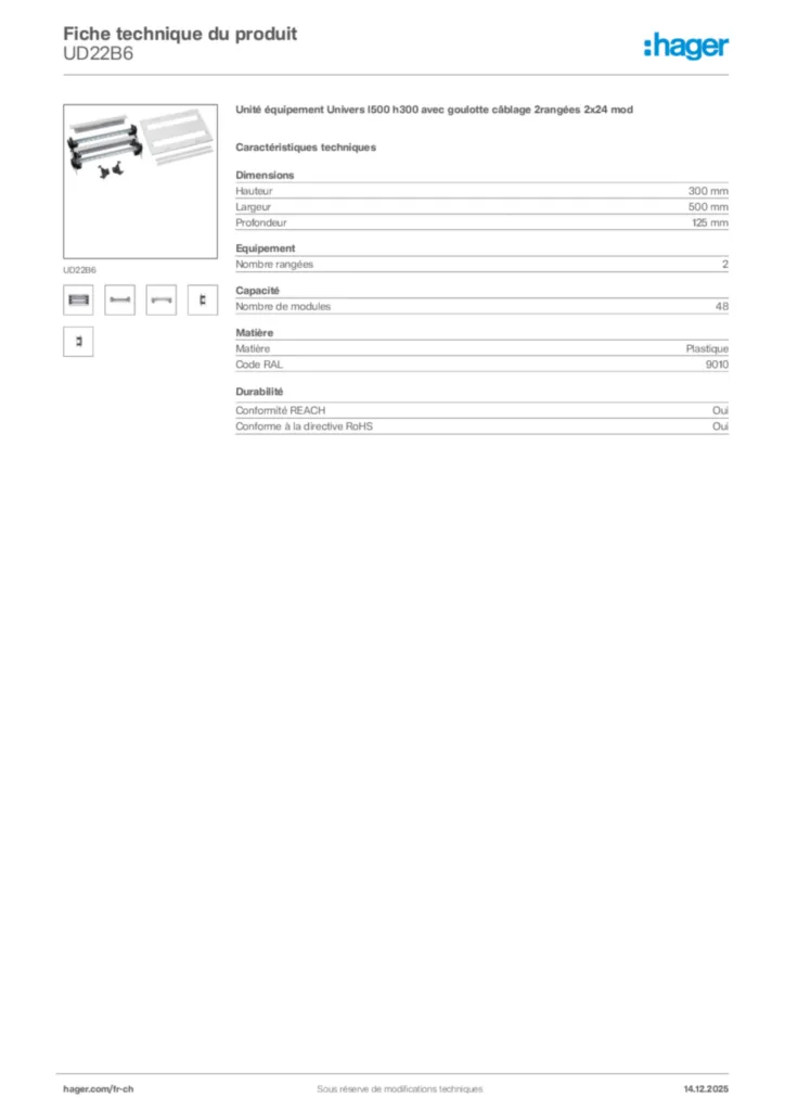 Image Hager Fiche technique du produit UD22B6 | Hager Suisse