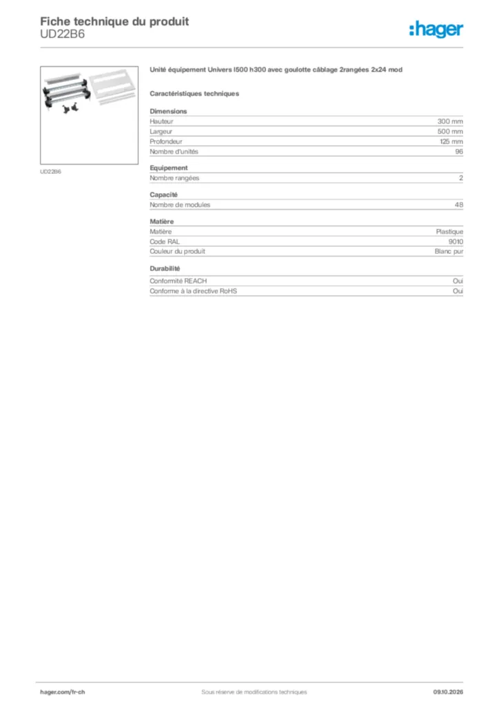 Image Hager Fiche technique du produit UD22B6 | Hager Suisse