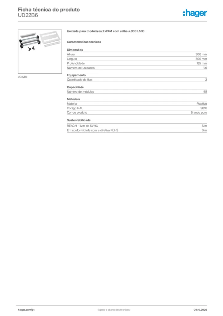 Imagem Hager Ficha técnica do produto UD22B6 | Hager Portugal