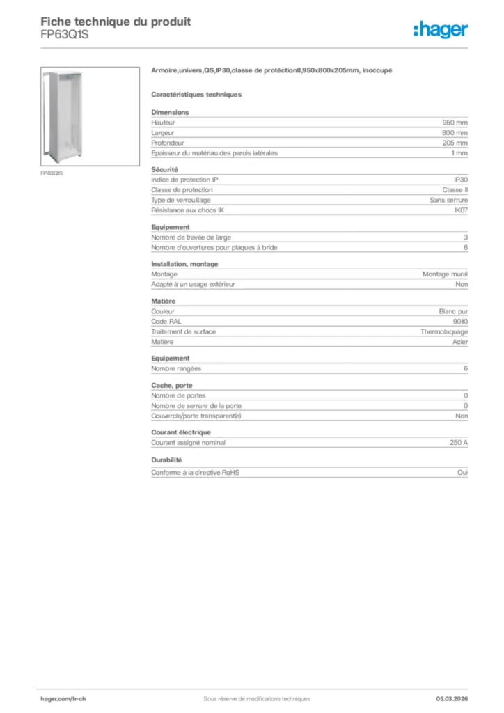 Image Hager Fiche technique du produit FP63Q1S | Hager Suisse