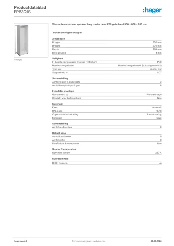 Afbeelding Hager Productdatablad FP63Q1S | Hager Nederland