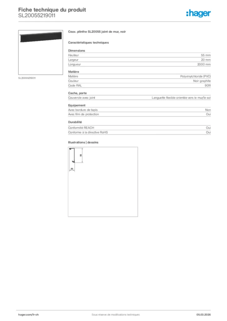 Image Hager Fiche technique du produit SL20055219011 | Hager Suisse