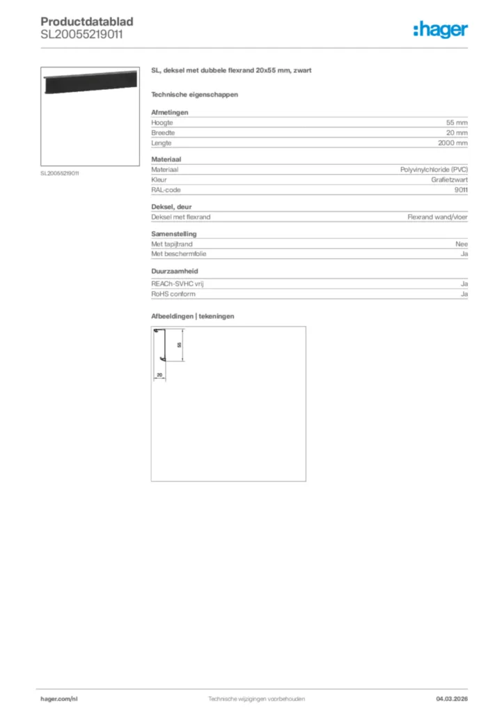 Afbeelding Hager Productdatablad SL20055219011 | Hager Nederland