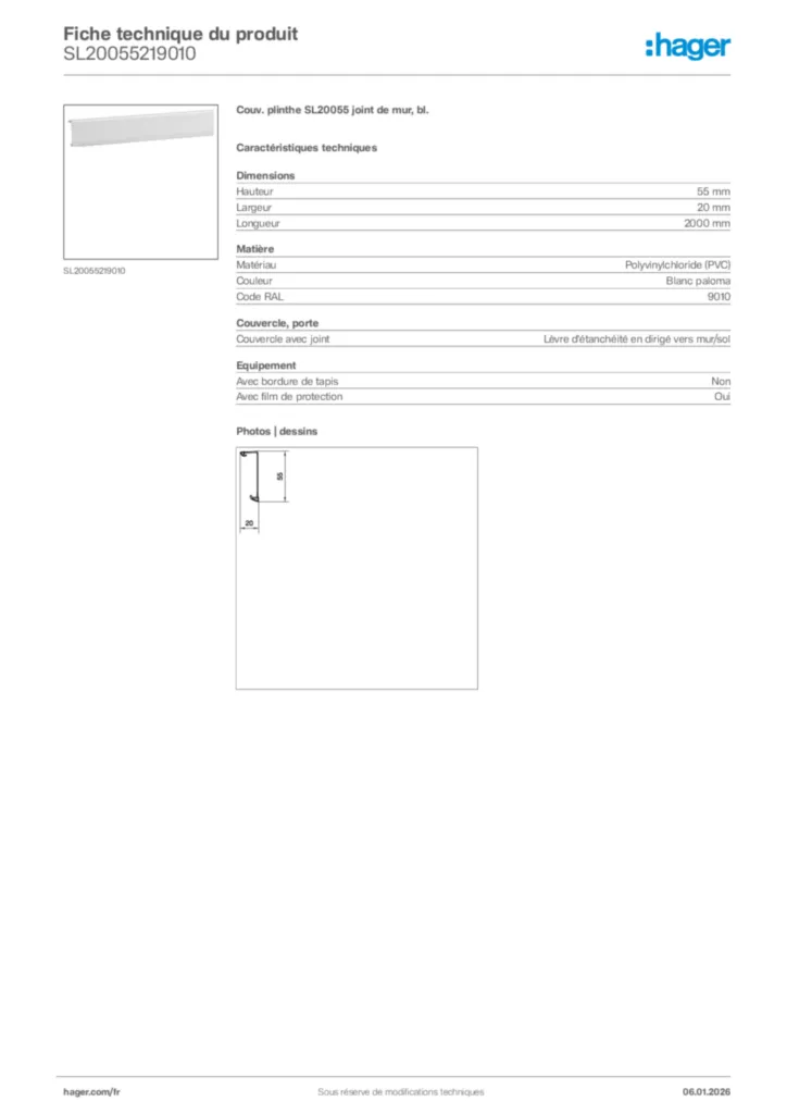 Image Hager Fiche technique du produit SL20055219010 | Hager France