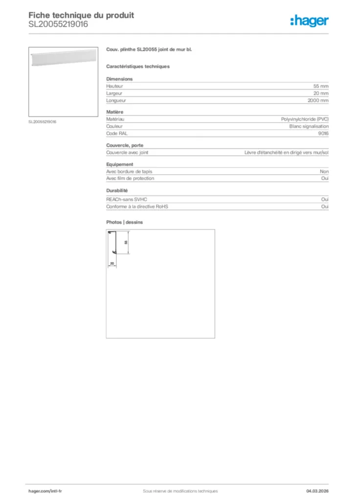 Image Hager Fiche technique du produit SL20055219016 | Hager Afrique