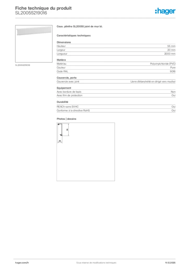 Image Hager Fiche technique du produit SL20055219016 | Hager France