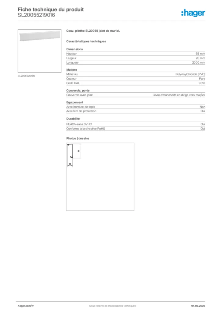 Image Hager Fiche technique du produit SL20055219016 | Hager France