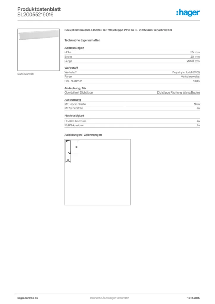 Bild Hager Produktdatenblatt SL20055219016 | Hager Schweiz