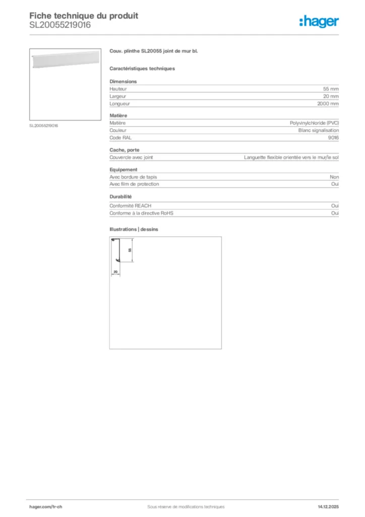 Image Hager Fiche technique du produit SL20055219016 | Hager Suisse