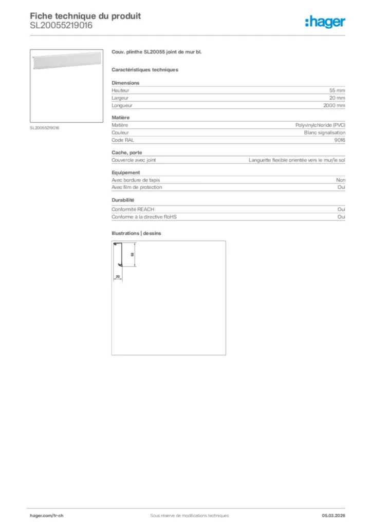Image Hager Fiche technique du produit SL20055219016 | Hager Suisse