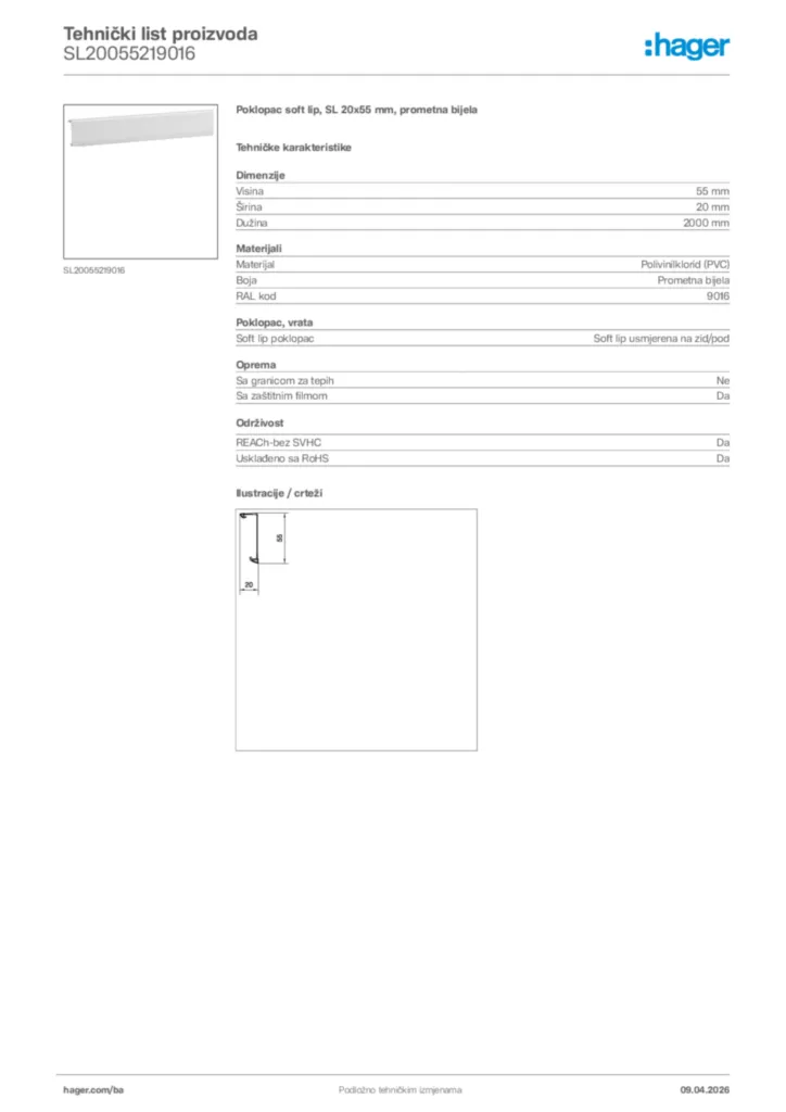 Slika Hager Tehnički list proizvoda SL20055219016  | Hager