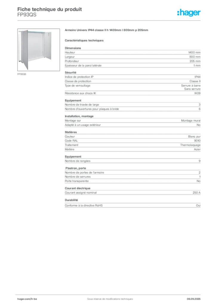 Image Hager Fiche technique du produit FP93QS | Hager Belgique