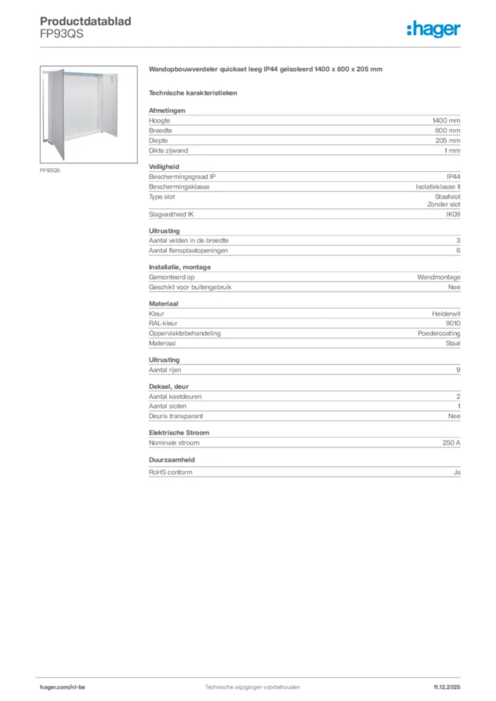 Afbeelding Hager Productdatablad FP93QS | Hager Belgium