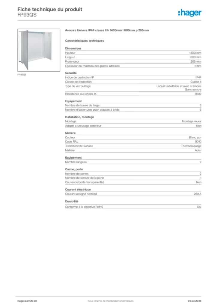 Image Hager Fiche technique du produit FP93QS | Hager Suisse