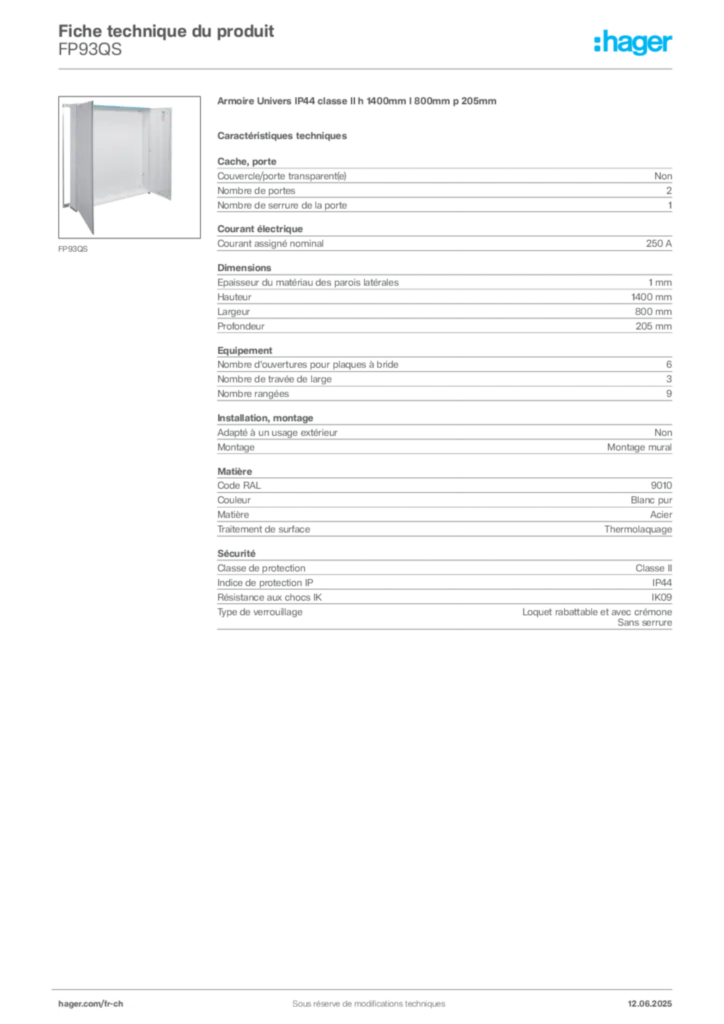 Image Hager Fiche technique du produit FP93QS | Hager Suisse