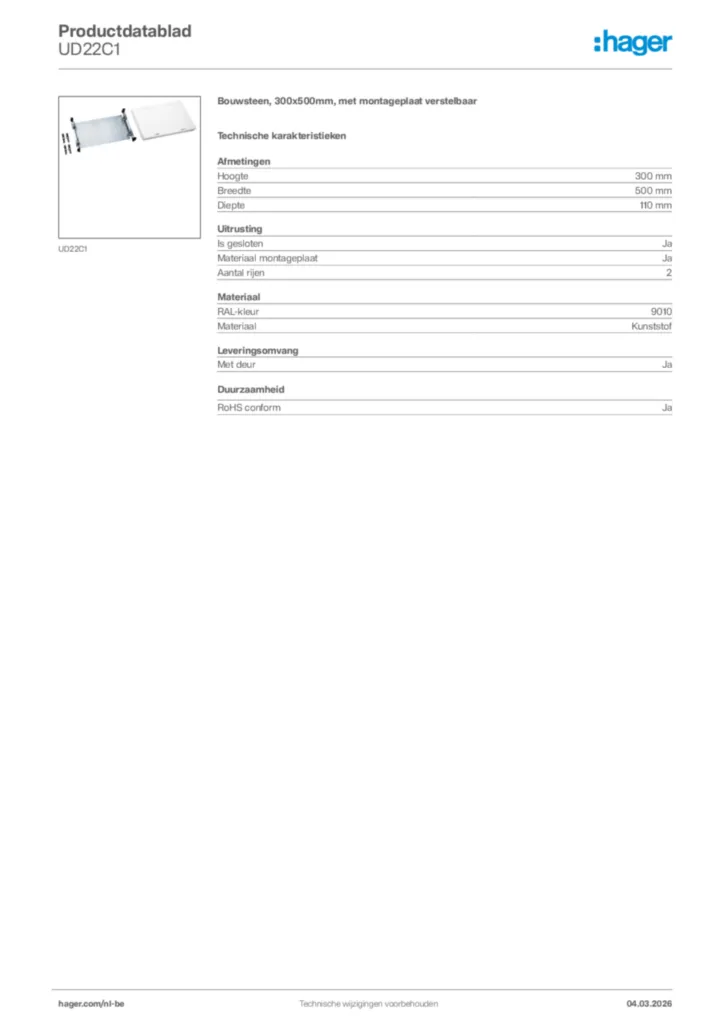 Afbeelding Hager Productdatablad UD22C1 | Hager Belgium