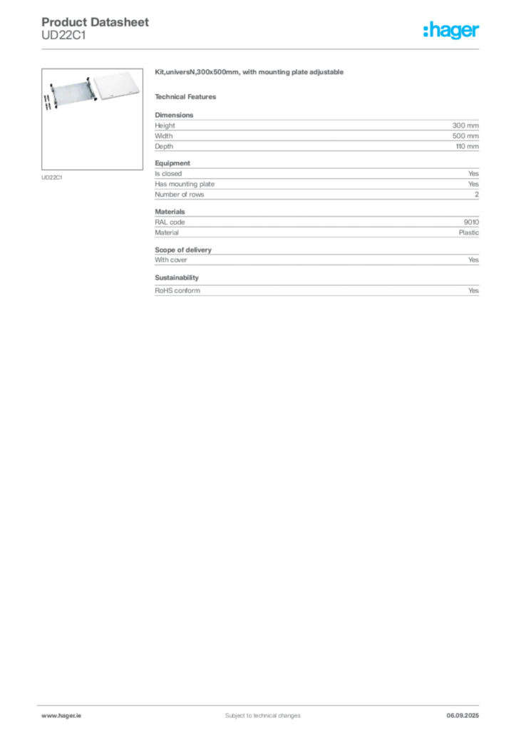 Image Hager Product data sheet UD22C1  | Hager