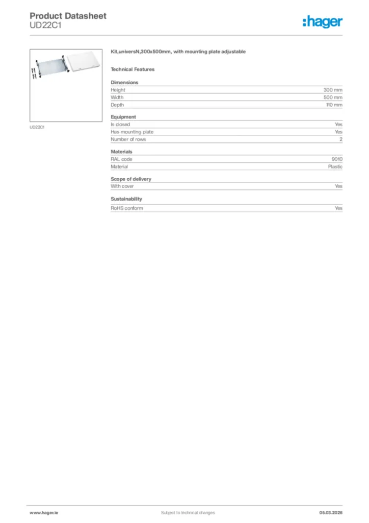 Image Hager Product data sheet UD22C1  | Hager