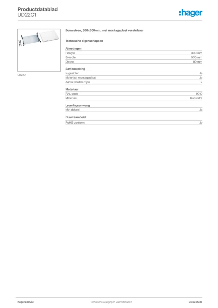 Afbeelding Hager Productdatablad UD22C1 | Hager Nederland