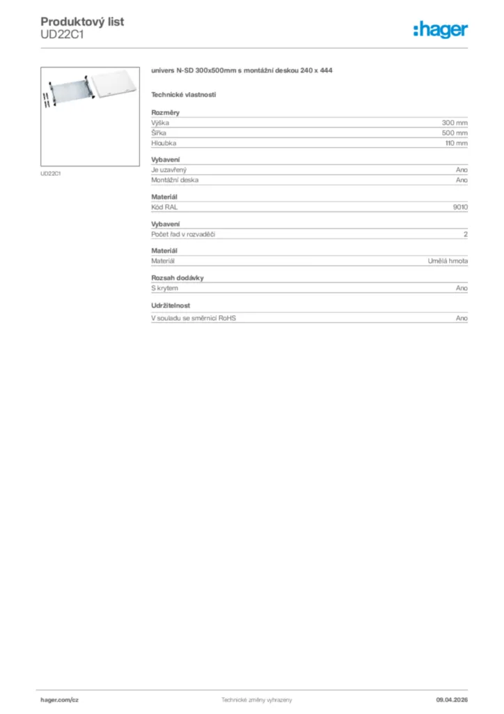 Obrázek Hager Product data sheet UD22C1 | Hager