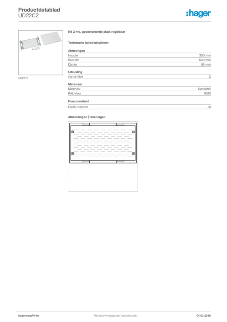 Afbeelding Hager Productdatablad UD22C2 | Hager Belgium