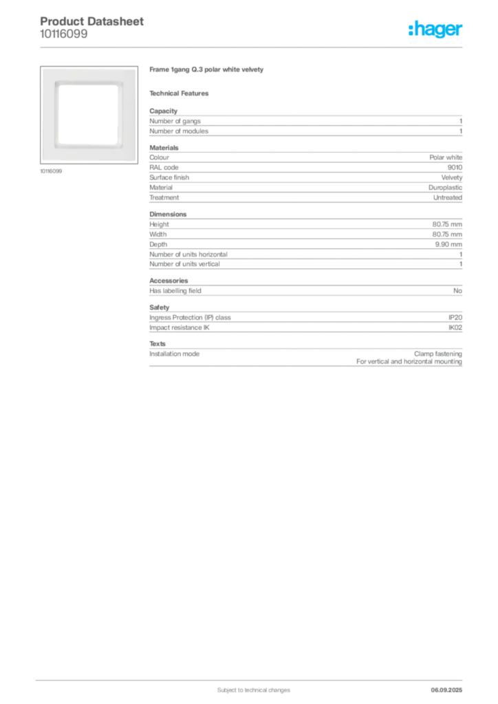 Image Hager Product data sheet 10116099  | Hager