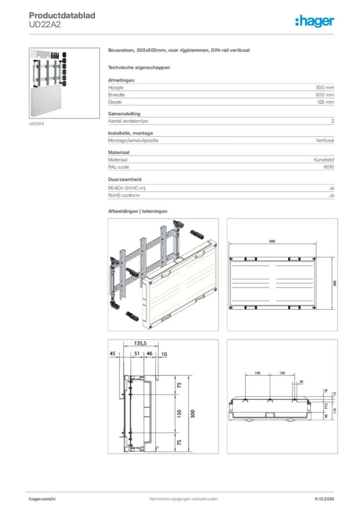 Afbeelding Hager Productdatablad UD22A2 | Hager Nederland