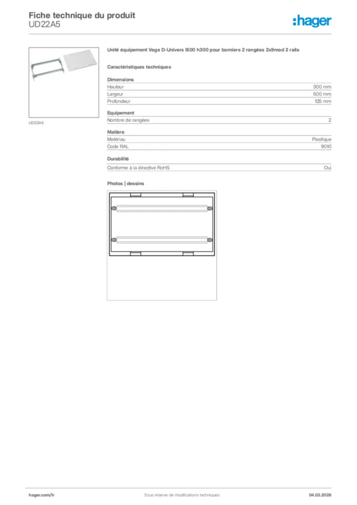 Image Hager Fiche technique du produit UD22A5 | Hager France