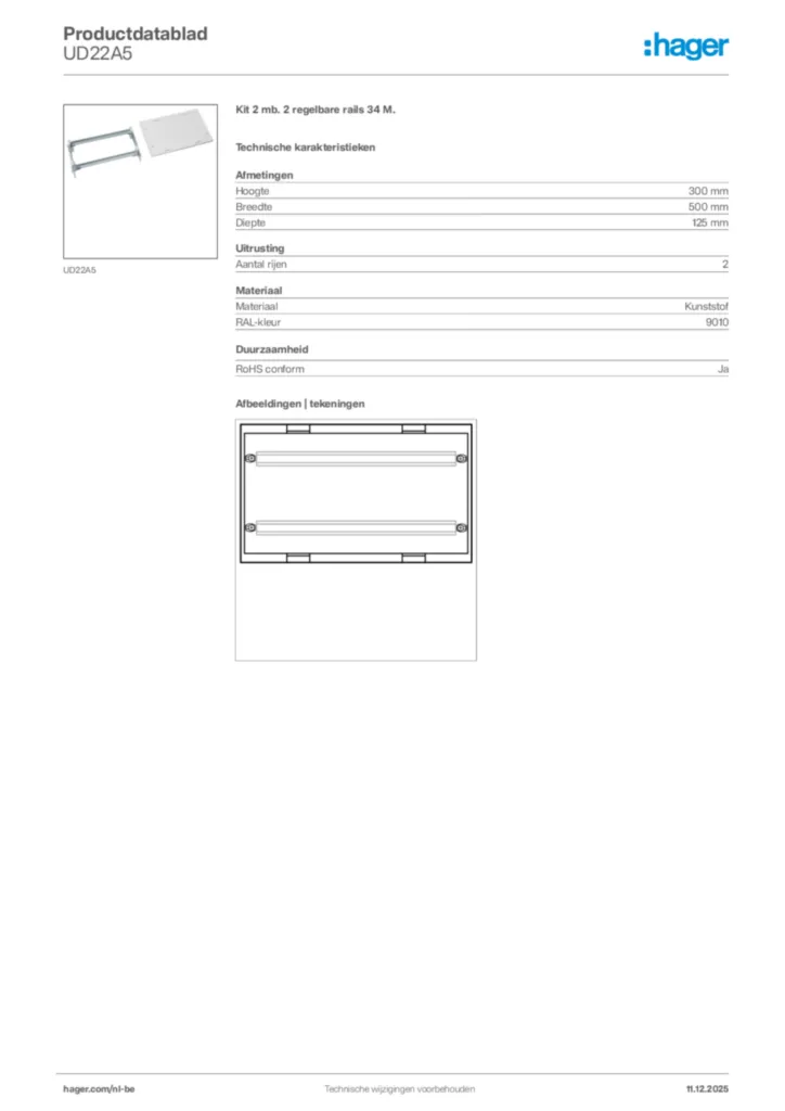 Afbeelding Hager Productdatablad UD22A5 | Hager Belgium
