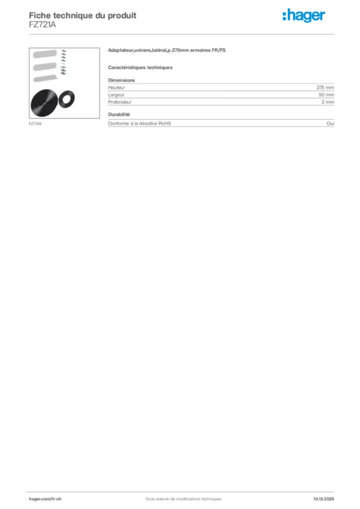 Image Hager Fiche technique du produit FZ721A | Hager Suisse