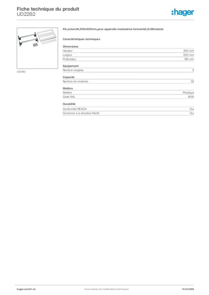 Image Hager Fiche technique du produit UD22B2 | Hager Suisse