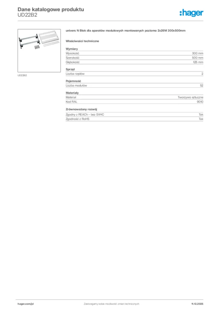 Zdjęcie Hager Dane katalogowe produktu UD22B2 | Hager Polska