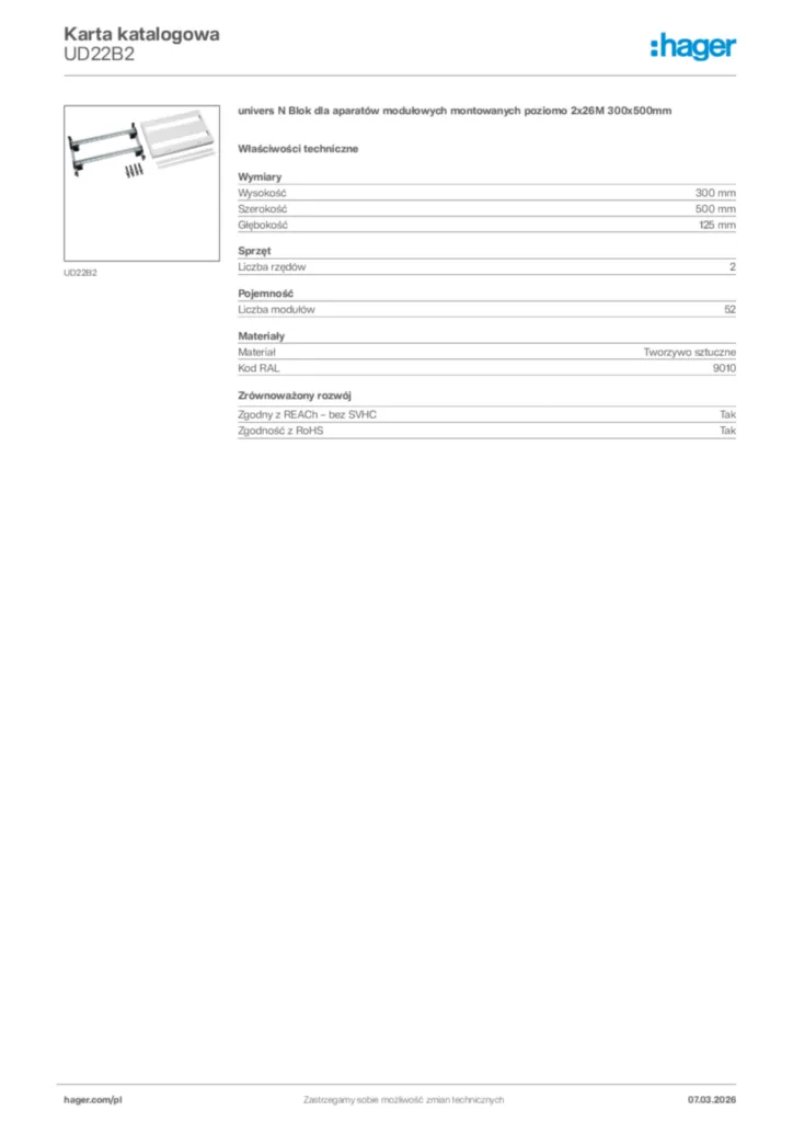 Zdjęcie Hager Karta katalogowa UD22B2 | Hager Polska