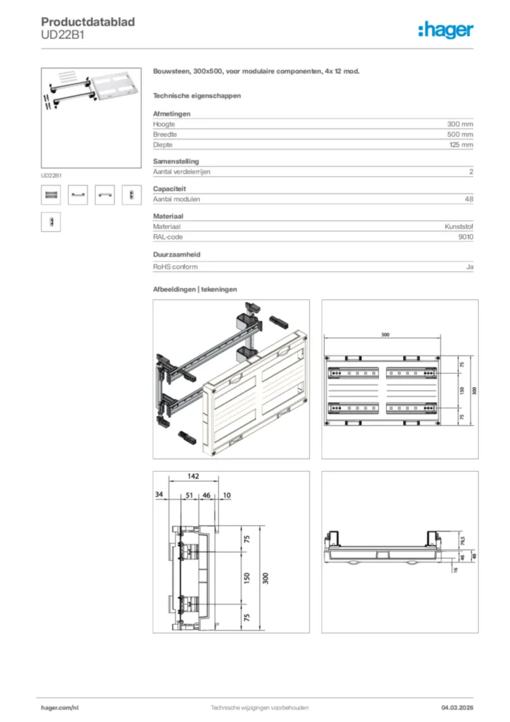 Afbeelding Hager Productdatablad UD22B1 | Hager Nederland
