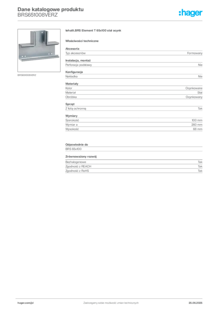 Zdjęcie Hager Dane katalogowe produktu BRS651008VERZ | Hager Polska