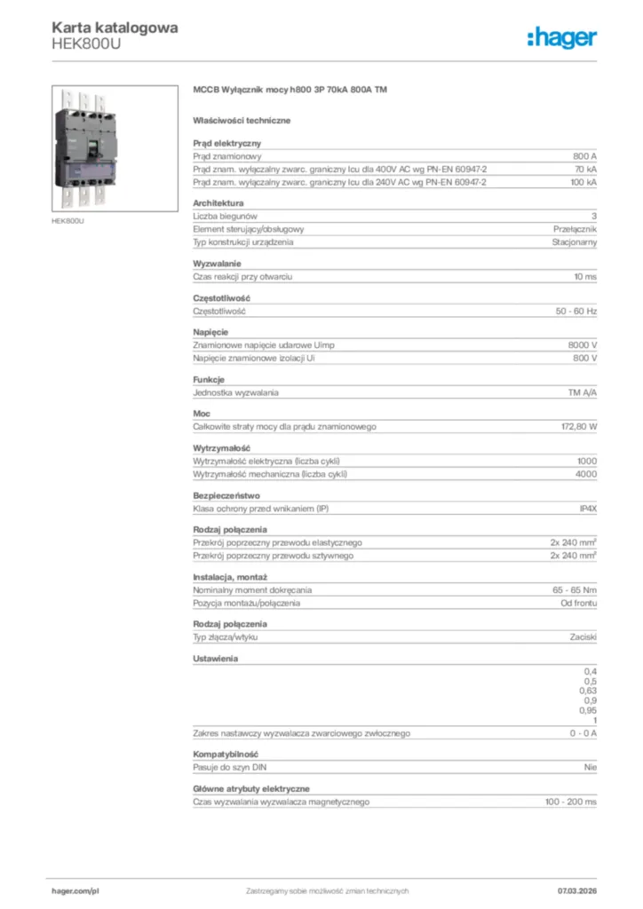 Zdjęcie Hager Karta katalogowa HEK800U | Hager Polska