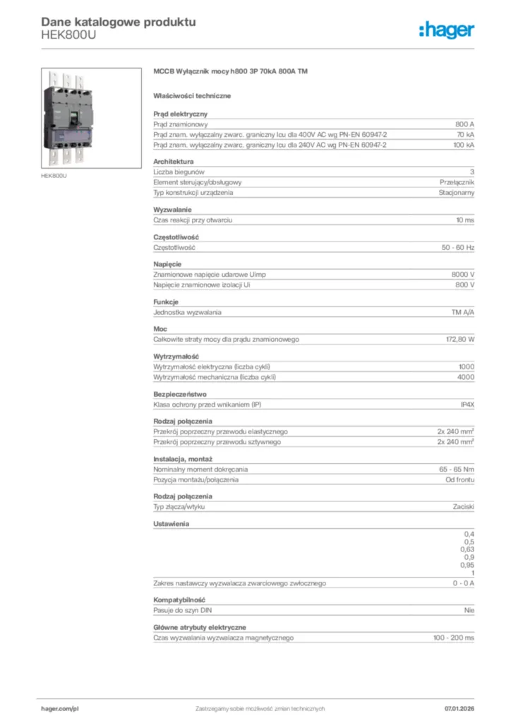 Zdjęcie Hager Karta katalogowa HEK800U | Hager Polska