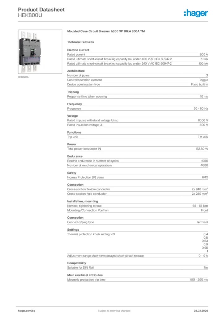 Image Hager Product data sheet HEK800U  | Hager