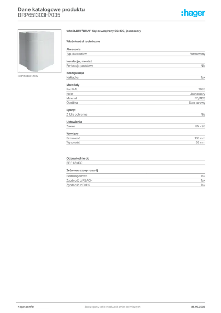 Zdjęcie Hager Dane katalogowe produktu BRP651303H7035 | Hager Polska