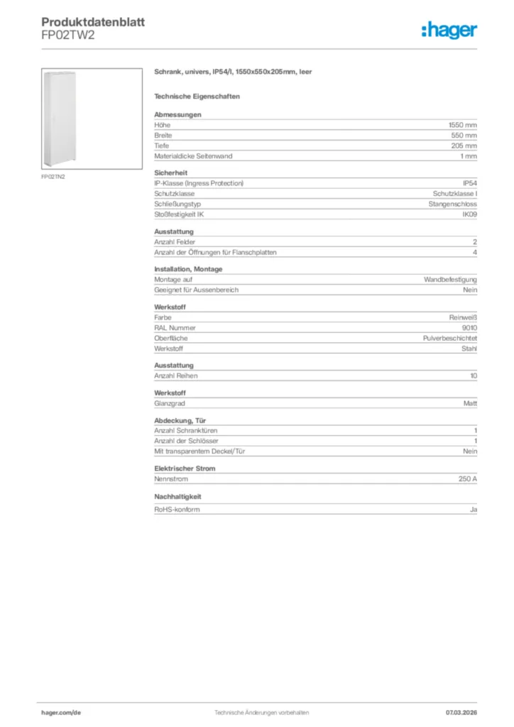 Bild Hager Produktdatenblatt FP02TW2 | Hager Deutschland