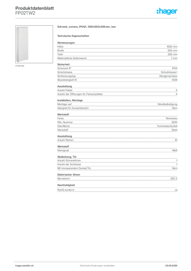 Bild Hager Produktdatenblatt FP02TW2 | Hager Schweiz