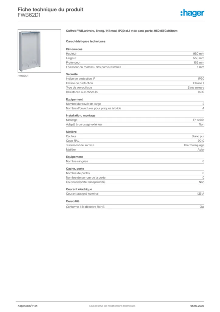 Image Hager Fiche technique du produit FWB62D1 | Hager Suisse