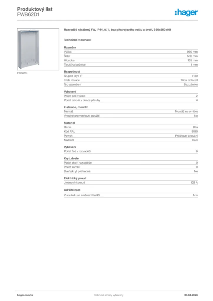 Obrázek Hager Product data sheet FWB62D1 | Hager
